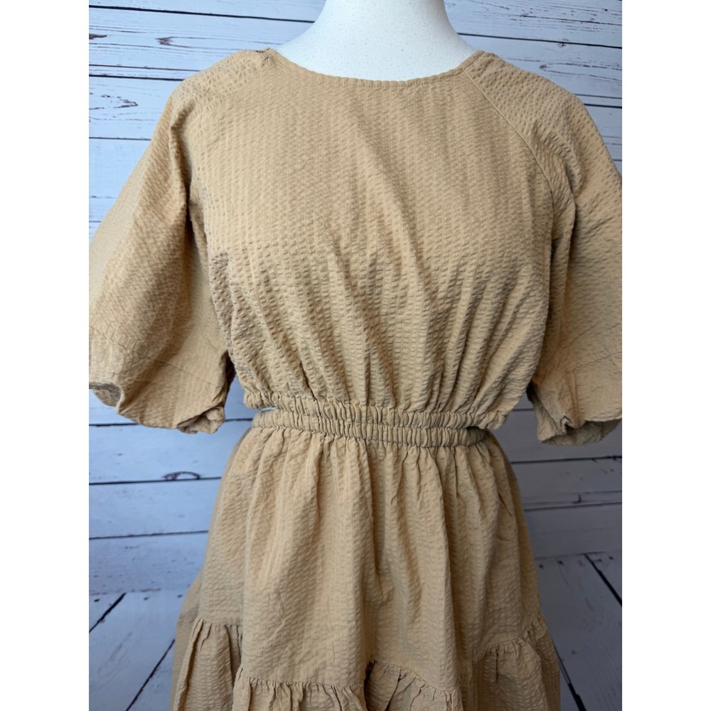 Madewell Seersucker Mini Dress Medium NWT Tan Puff Sleeve Cut Out NF870 - Picture 13 of 16
